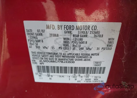 2007 Lincoln Mkx z USA, uszkodzony, nr VIN 2LMDU88C77BJ33530